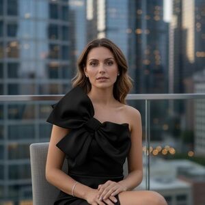 Eliza J Black One-Shoulder Dress with Bow The perfect gift for your man to untie